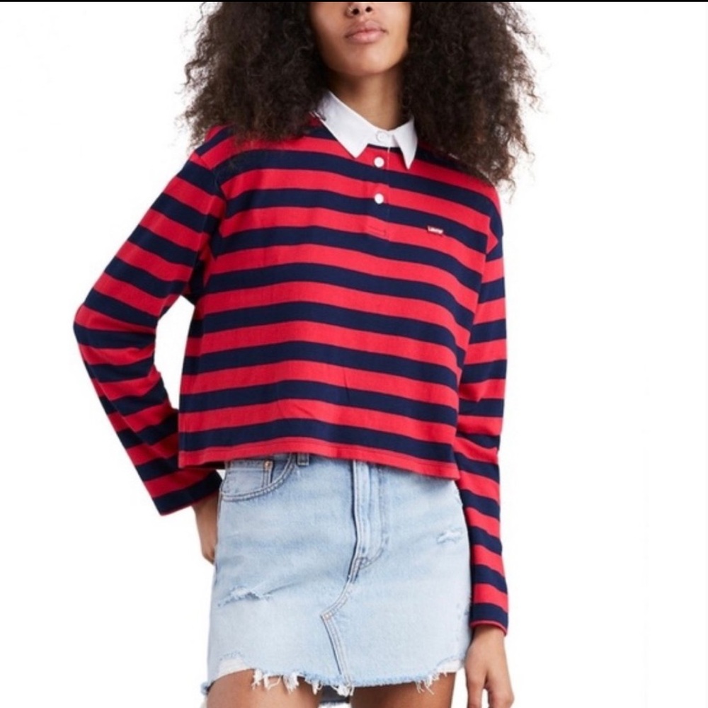 Levi's Red and Navy Striped Rugby Crop Top large